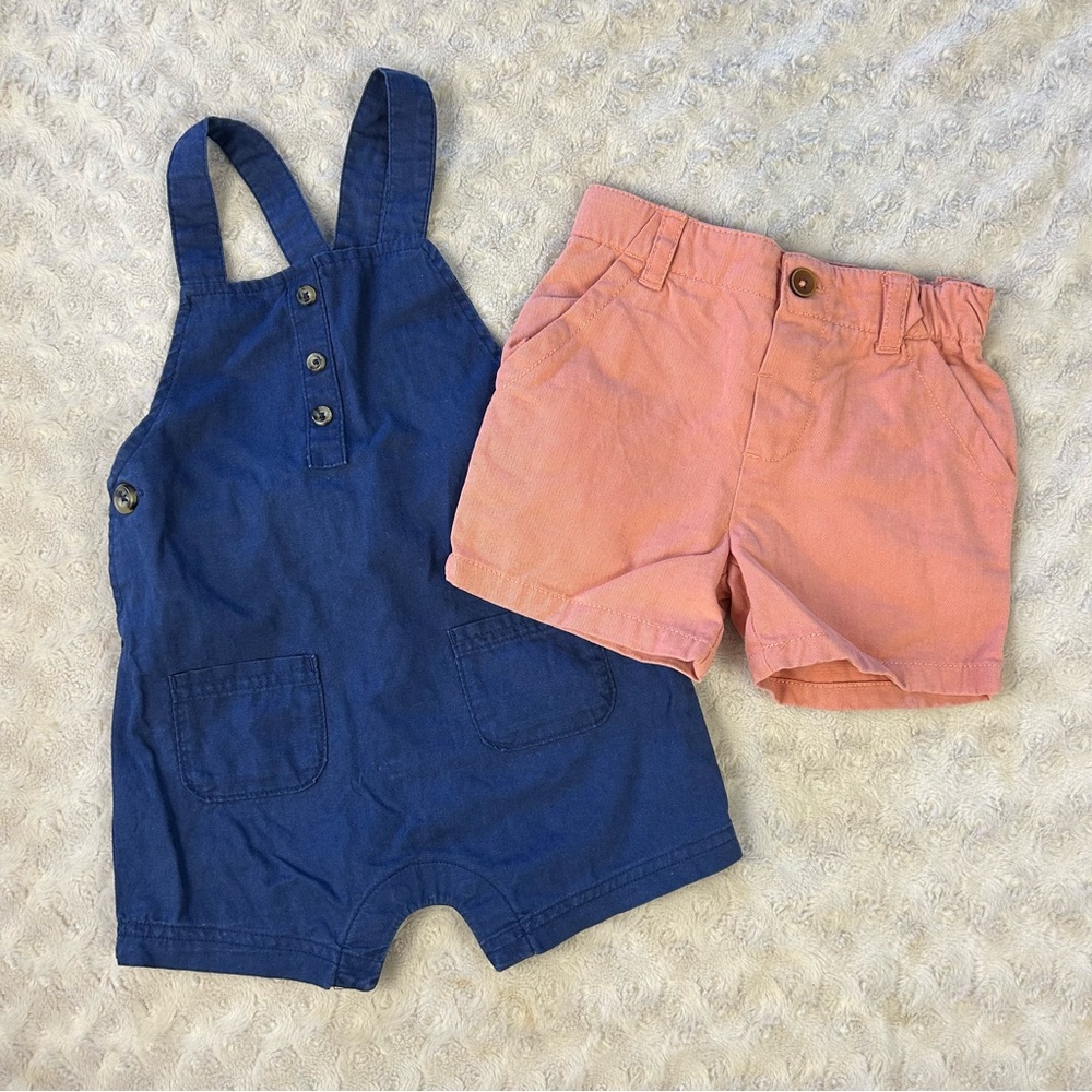 Carter's Navy Blue Overall Romper and Coral Pink Shorts Set